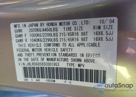 2005 Honda Cr-V Lx z USA, uszkodzony, nr VIN JHLRD68565C001953